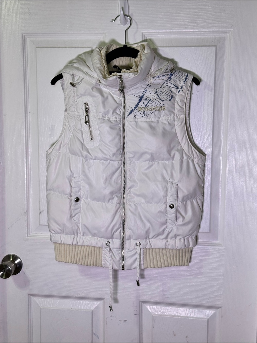 Bosideng White Y2K Graphic Down Puffer Vest with Hood